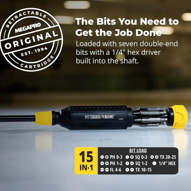 Megapro ® NHL® Team Edition Multi-bit Screwdriver | Officially Licensed NHL® Gear | Durable, Ergonomic, Pro-Grade Screwdriver (Pittsburg Penguins®) - Image 3